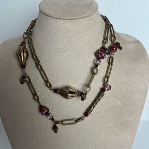 CHICO'S Brass Glass Bead Art Glass Heart Cupcake Beads Long Necklace